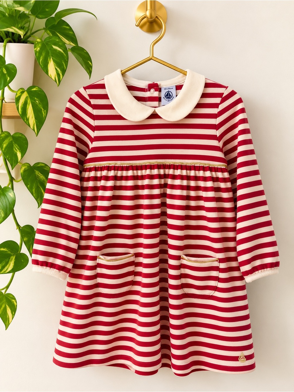 Petit Bateau Red and Cream Striped Dress with Peter Pan Collar